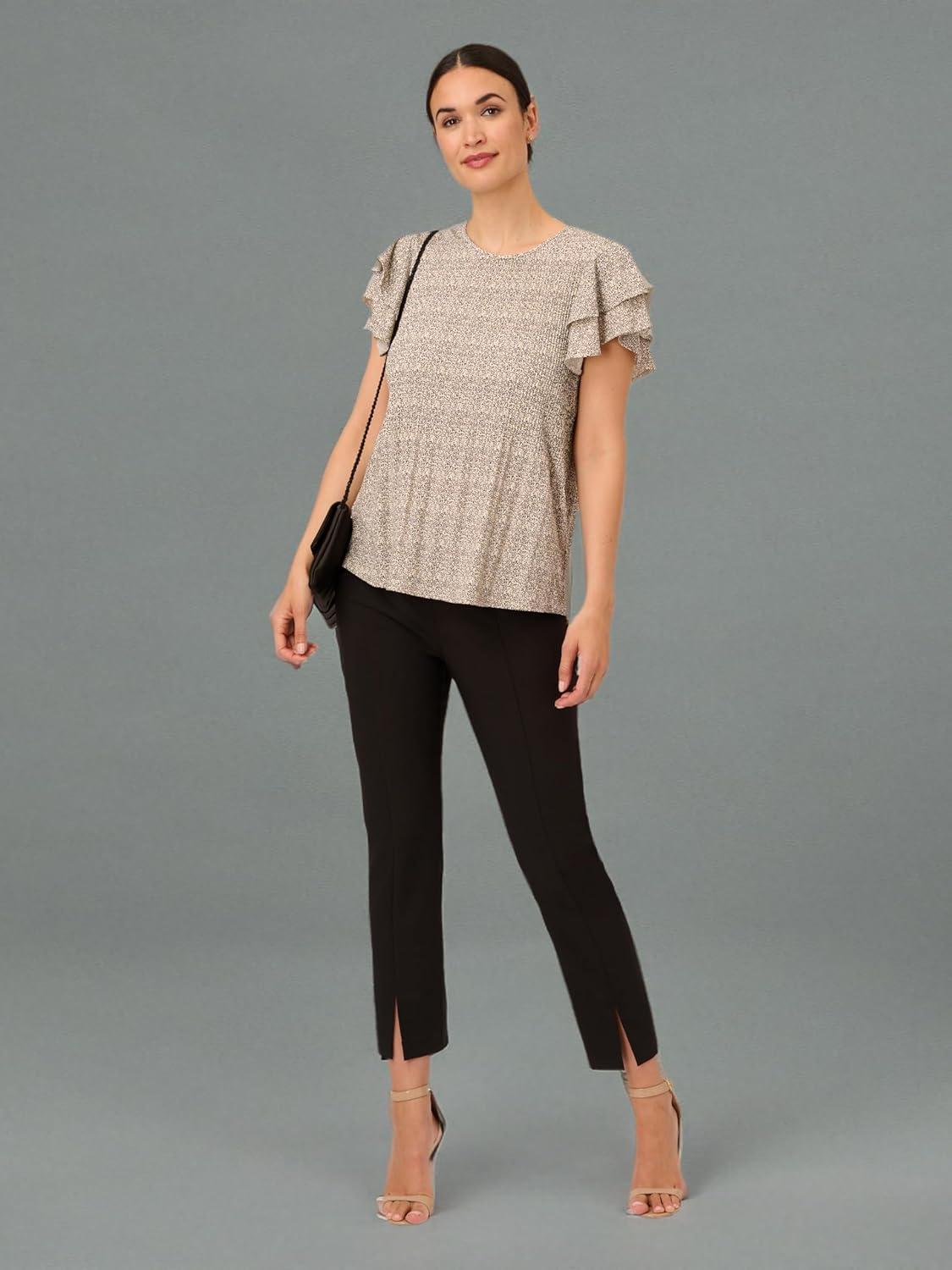 imageAdrianna Papell Womens Pleated Knit Double Sleeve TopIvory Blooming Dot