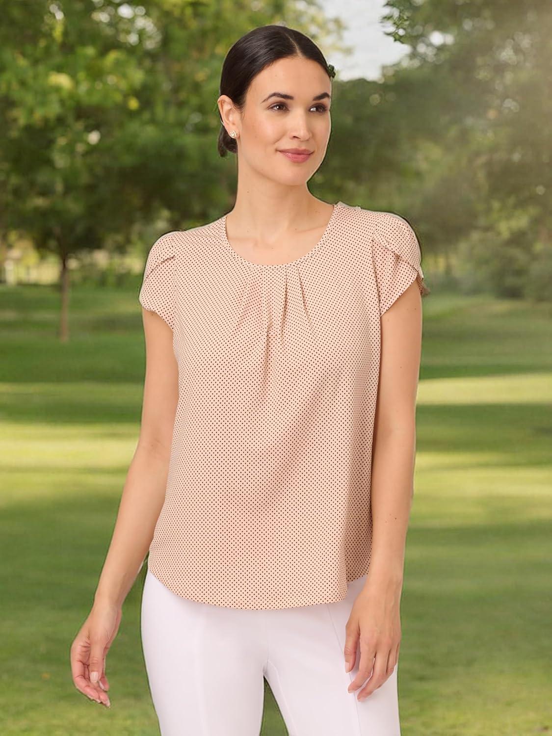 imageAdrianna Papell Womens Printed Petal Sleeve Knit TopChampagne Small Dot