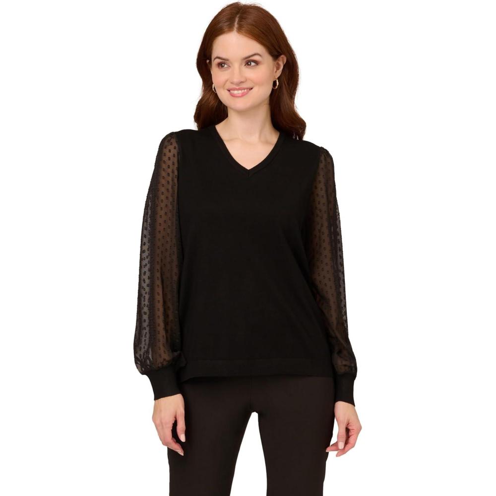 imageAdrianna Papell Womens Clip Dot Long Sleeve SweaterBlack