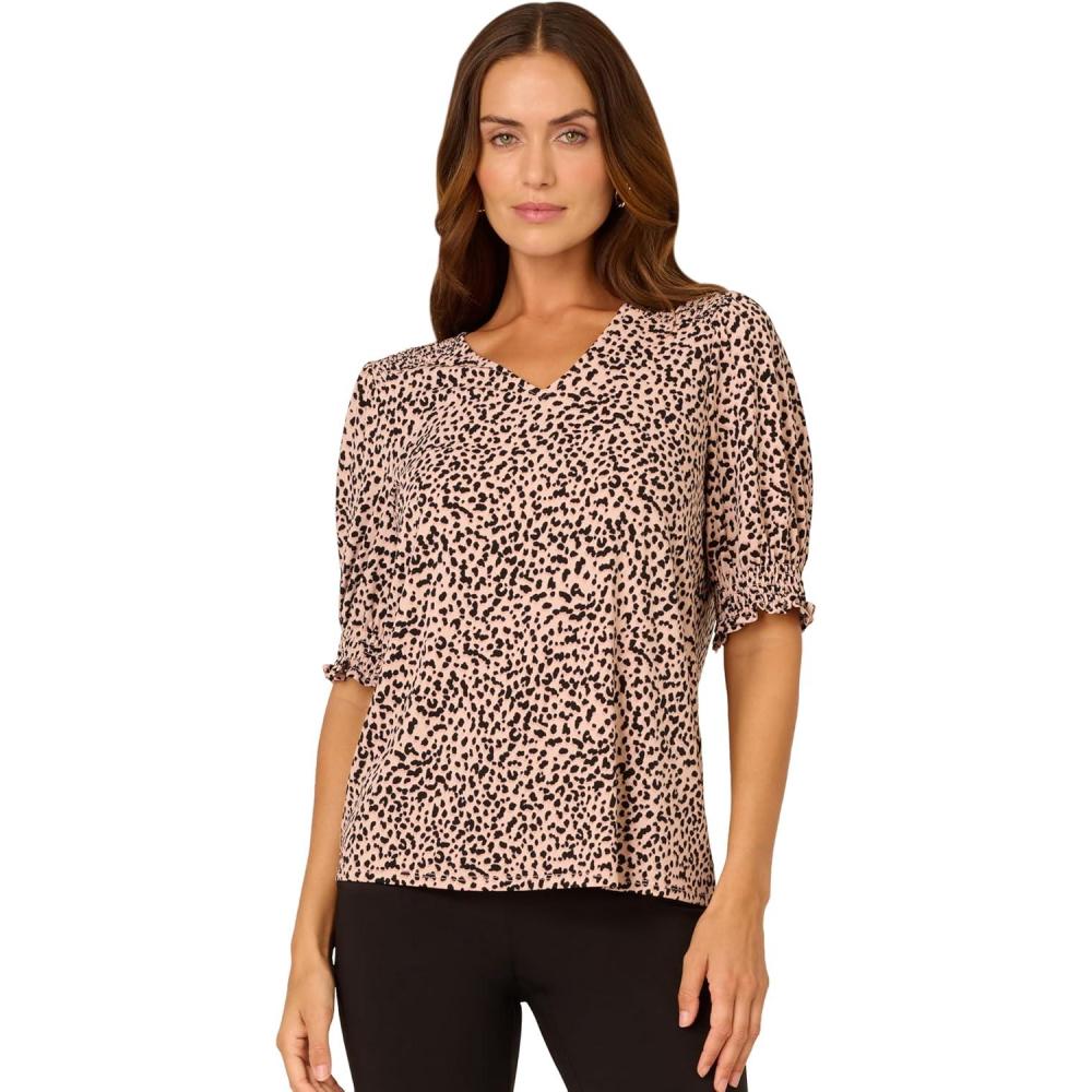 imageAdrianna Papell Womens Elbow Smocked Sleeve and Shoulder Printed TopTan Shadow Leopard