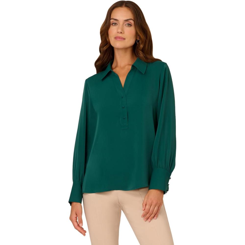 imageAdrianna Papell Womens Long Sleeve Open VNeck Collar Silky Woven BlouseBotanical Garden