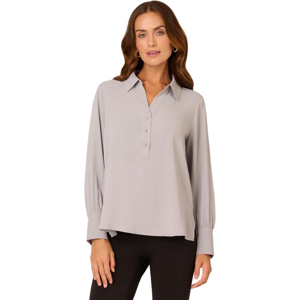 imageAdrianna Papell Womens Long Sleeve Open VNeck Collar Silky Woven BlouseSilver Mist