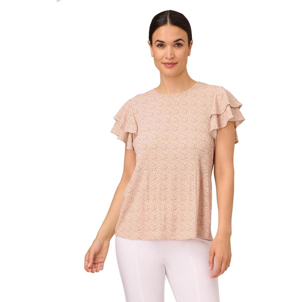 imageAdrianna Papell Womens Pleated Knit Double Sleeve TopChampagneBlack Scatter Seed