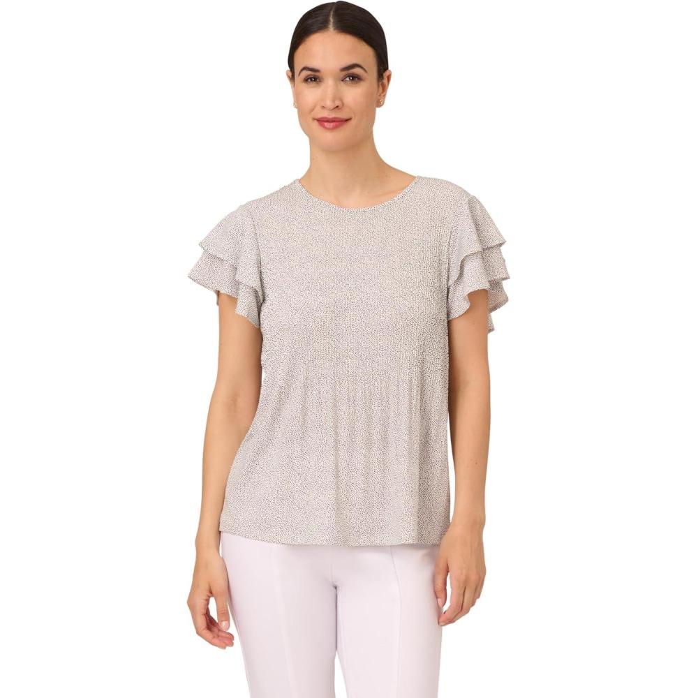 imageAdrianna Papell Womens Pleated Knit Double Sleeve TopIvoryBlack Micro Dot