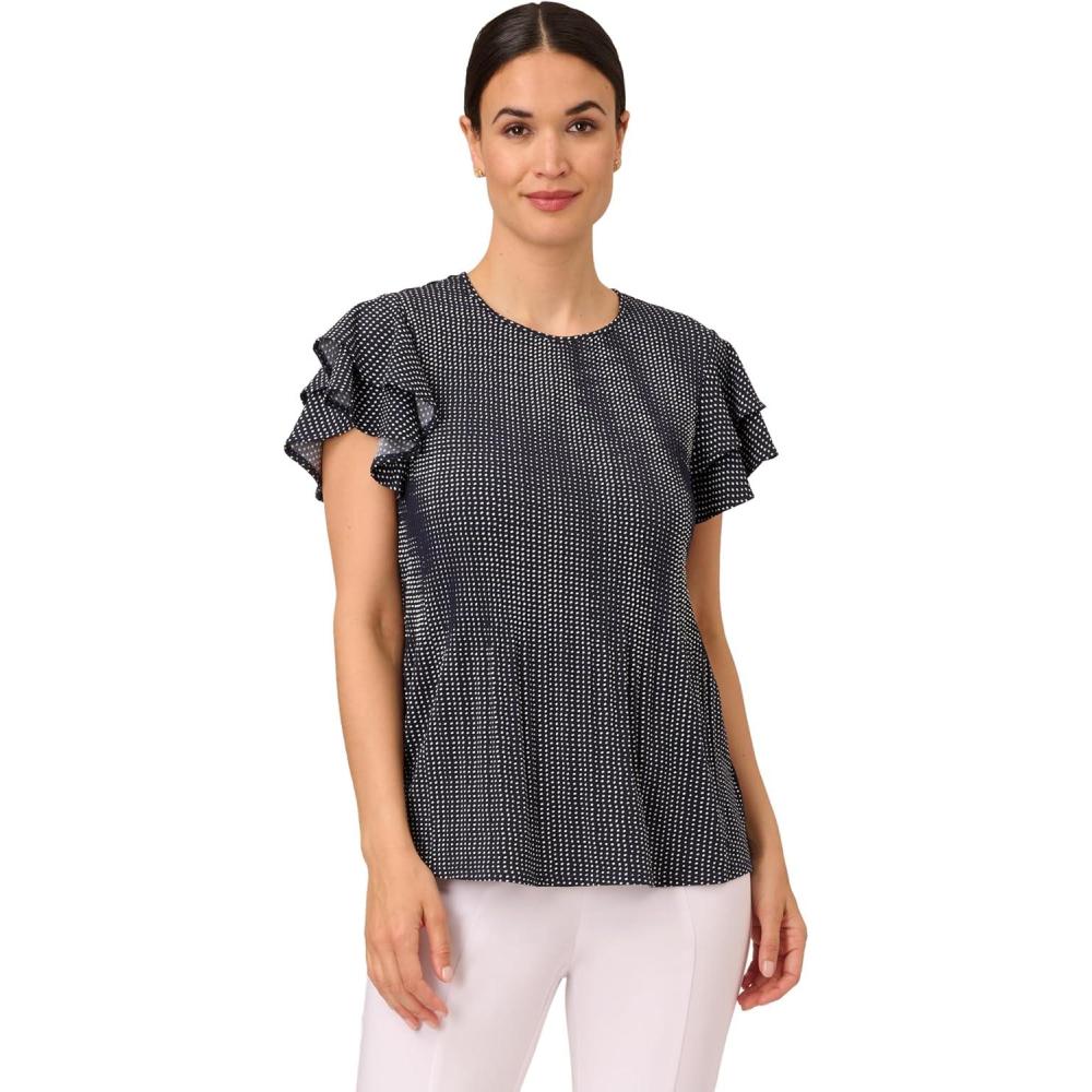imageAdrianna Papell Womens Pleated Knit Double Sleeve TopNavyIvory Seed Dot