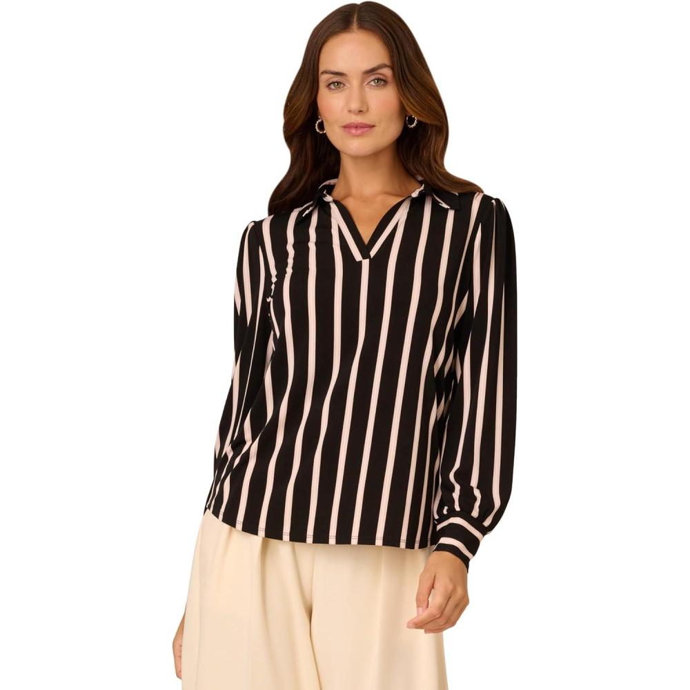 imageAdrianna Papell Womens Print Collared VNeck Knit TopBlackTaupe Fine Stripe