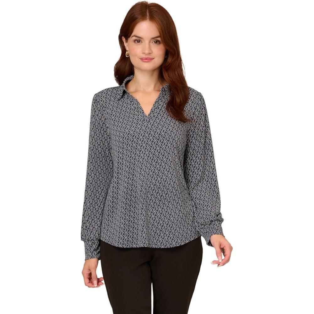 imageAdrianna Papell Womens Print Collared VNeck Knit TopOxford Blue Chain Geo