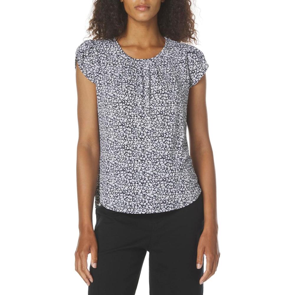 imageAdrianna Papell Womens Printed Petal Sleeve Knit TopNavyWhite Mini Garden