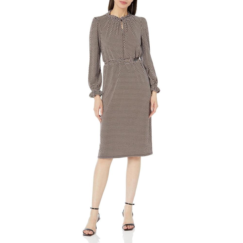 imageAdrianna Papell Womens Printed Smocked Waist DressCocoaBlack Shadowed Geo