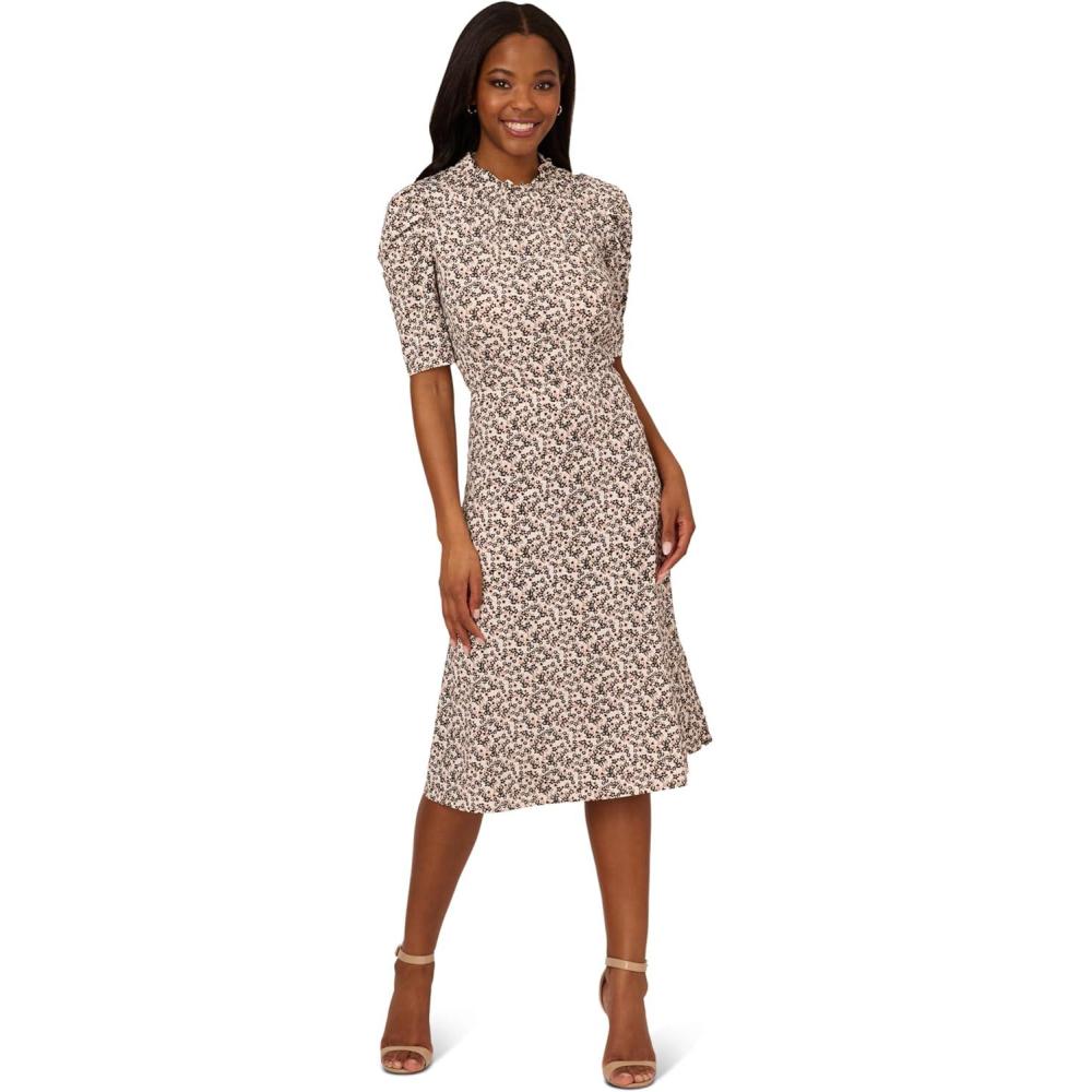 imageAdrianna Papell Womens Ruffle Neck Short Sleeve DressBlack