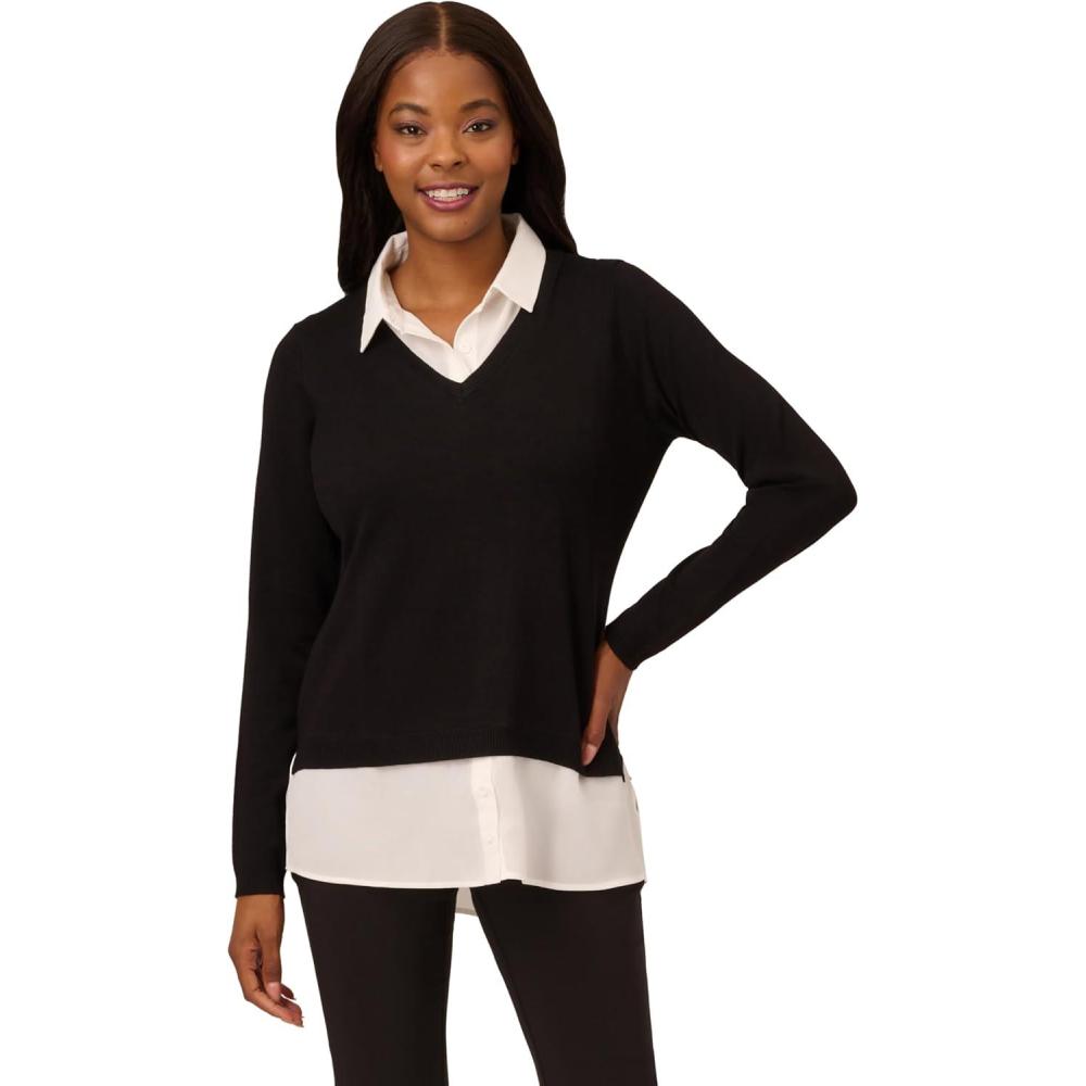 imageAdrianna Papell Womens Solid VNeck Twofer SweaterBlackIvory
