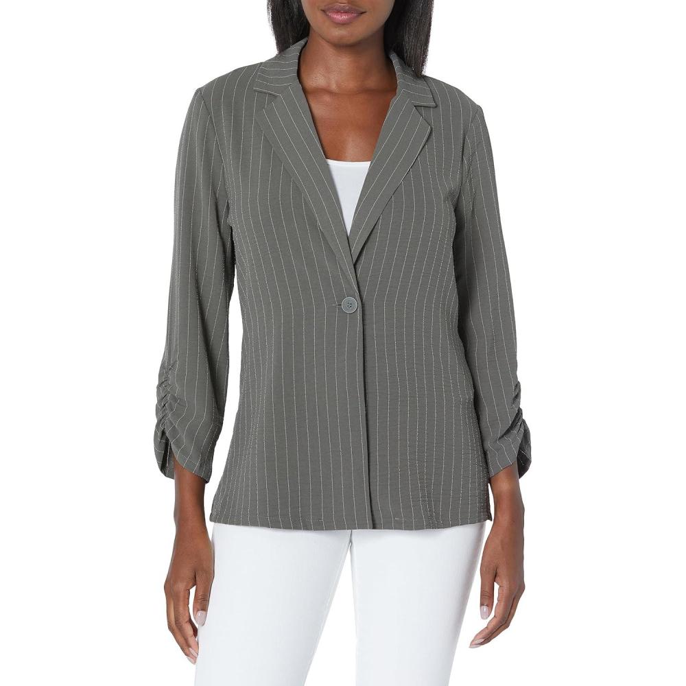 imageAdrianna Papell Womens Tall Size Printed Ruched 34 Sleeve One Button Notch BlazerPark Green Ivory Stripe