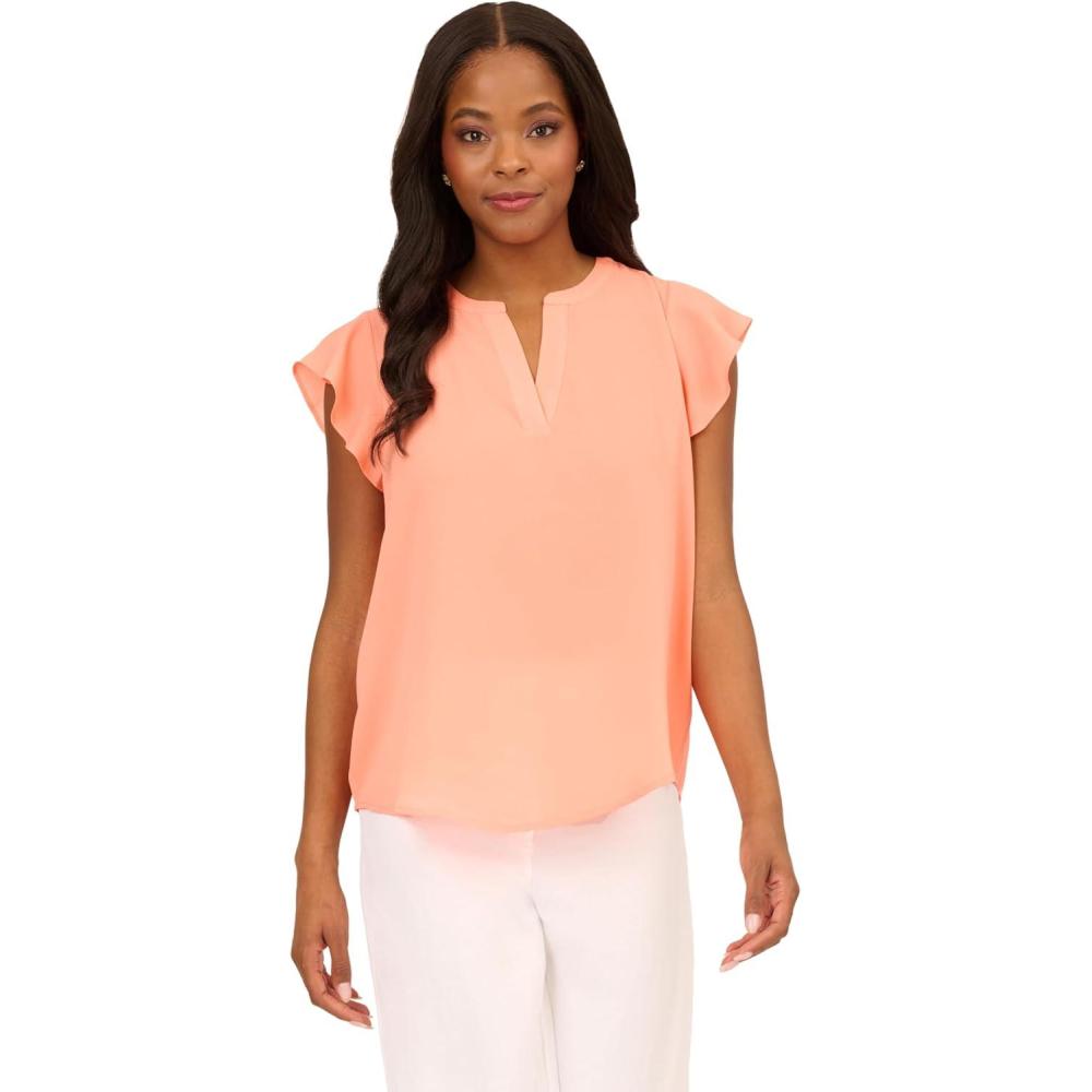 imageAdrianna Papell womens Solid Short Ruffle Sleeve Popover BlouseApricot Sorbet