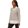 Adrianna Papell Women’s Solid V-Neck Twofer Sweater(Heather Grey/Ivory)