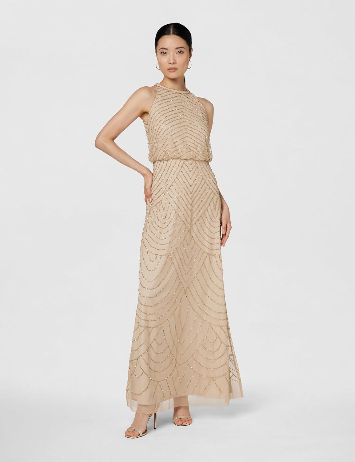 imageAdrianna Papell Womens Halter Blouson Beaded GownChampagneGold