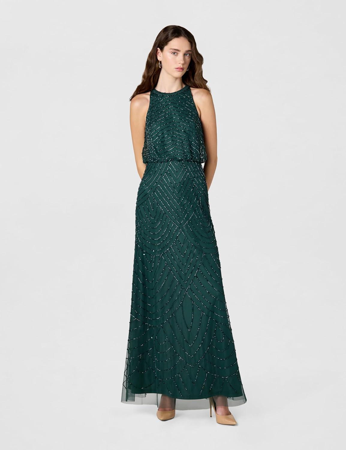 imageAdrianna Papell Womens Halter Blouson Beaded GownDusty Emerald