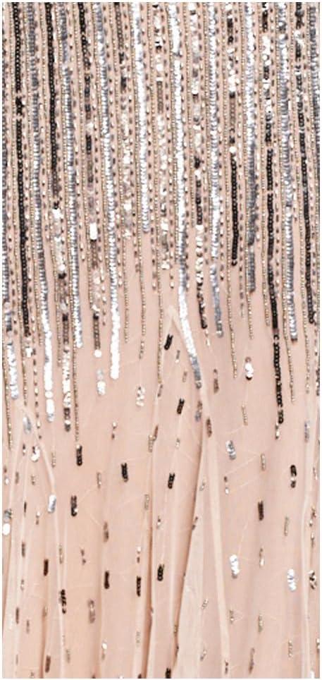 imageAdrianna Papell Womens Long Beaded VNeck Dress with Cap Sleeves and WaistbandNude