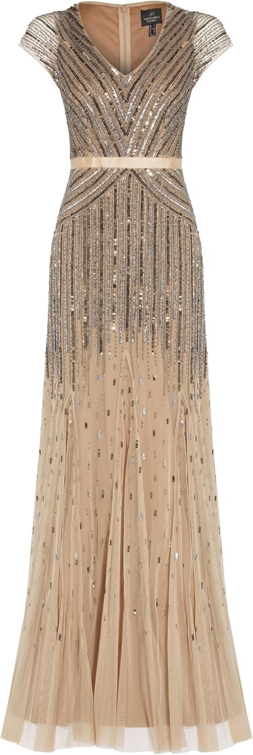 imageAdrianna Papell Womens Long Beaded VNeck Dress with Cap Sleeves and WaistbandNude