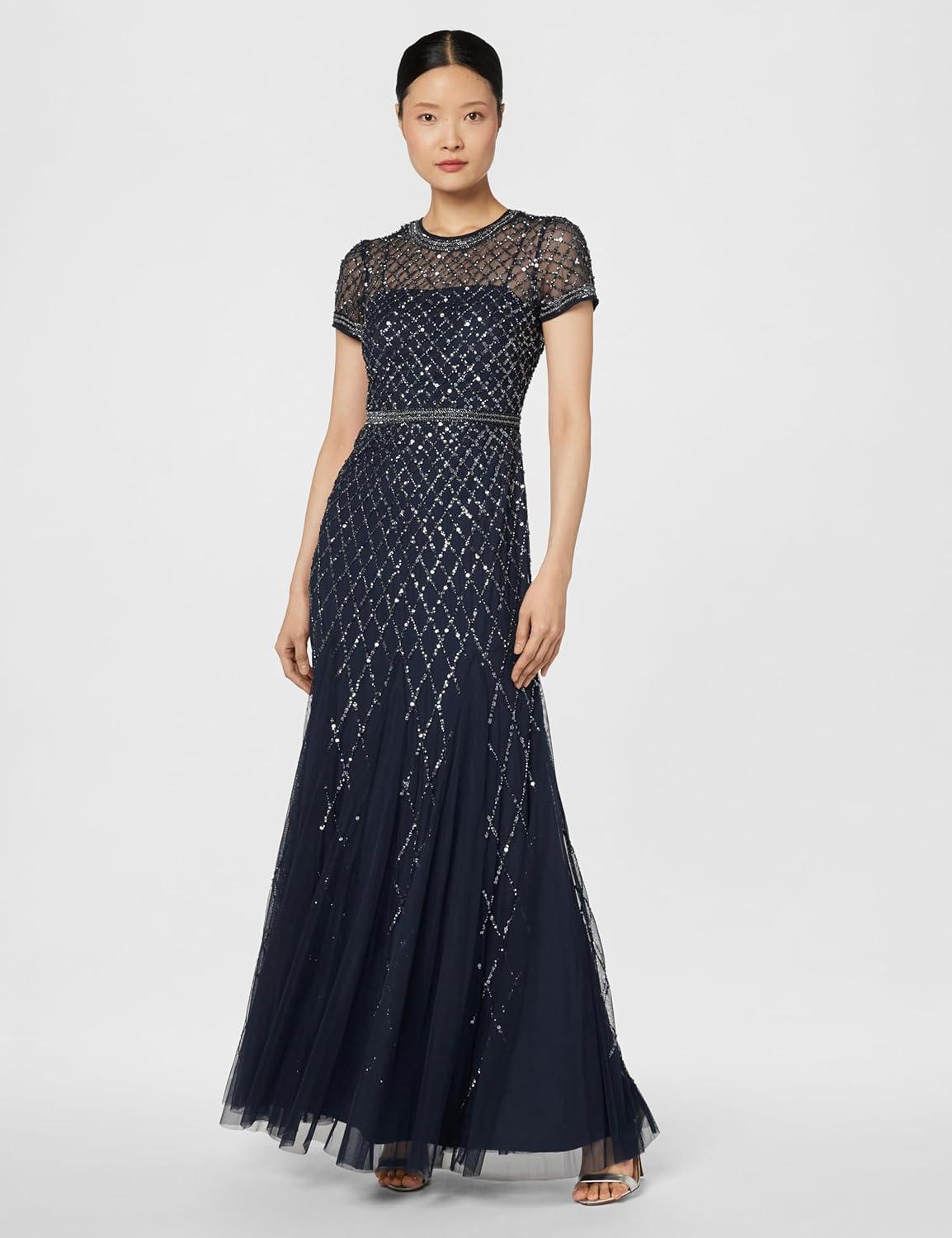 imageAdrianna Papell Womens ShortSleeve Grid Beaded GownNavy