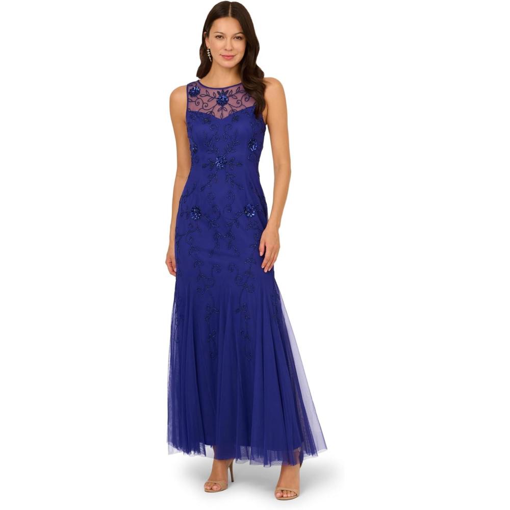imageAdrianna Papell Womens Bead Mesh Long DressDark Blue Violet