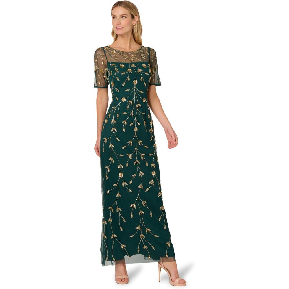 imageAdrianna Papell Womens Bead Mesh Long DressGreenGold