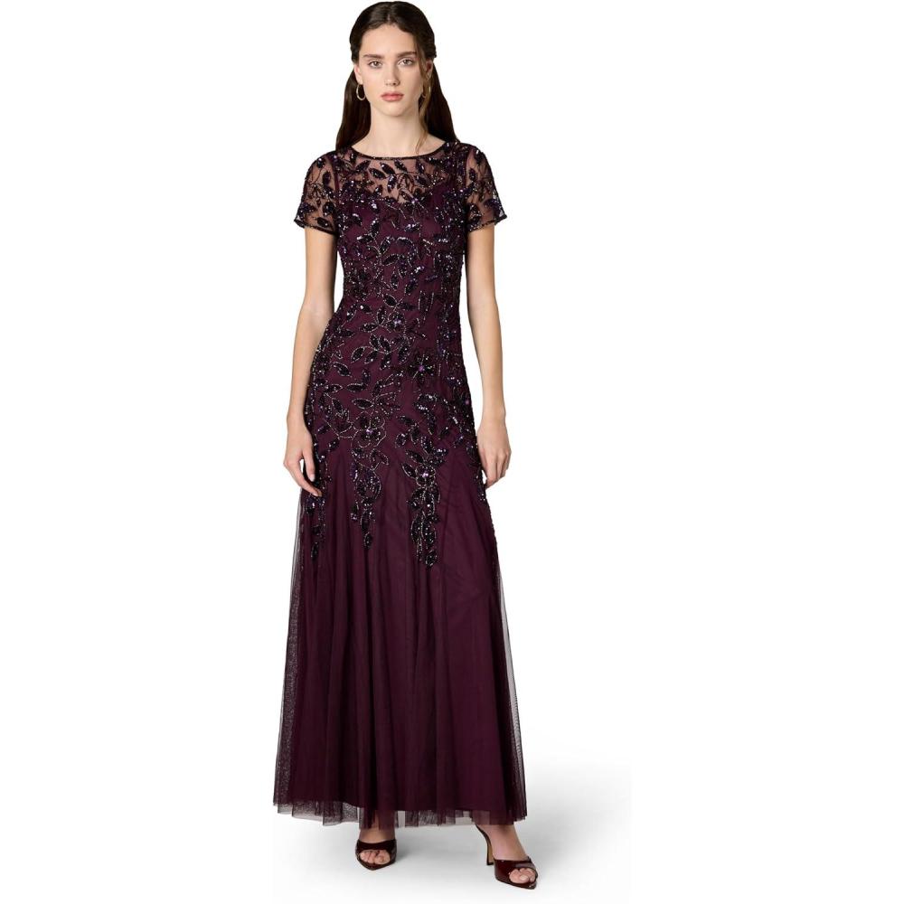 imageAdrianna Papell Womens Floral Beaded Godet GownNight Plum