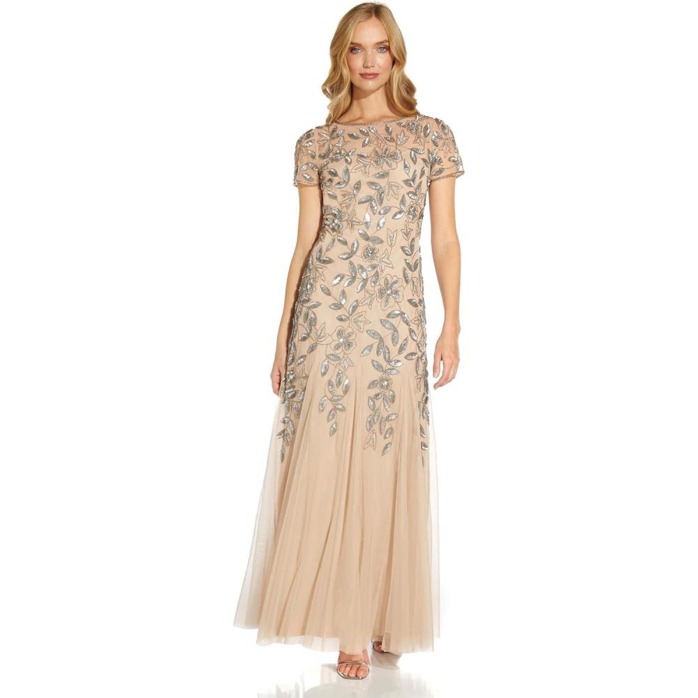 imageAdrianna Papell Womens Floral Beaded Godet GownTaupePink