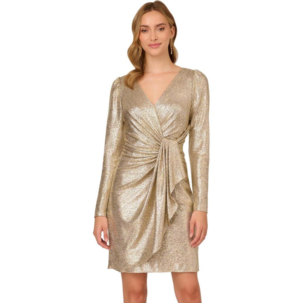 imageAdrianna Papell Womens Foiled Knit Draped DressLight Gold