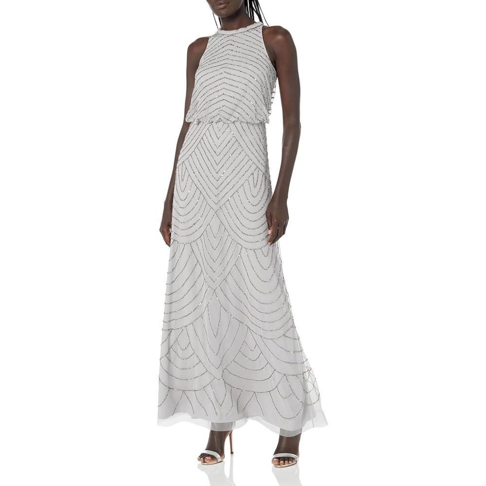imageAdrianna Papell Womens Halter Blouson Beaded GownBridal Silver