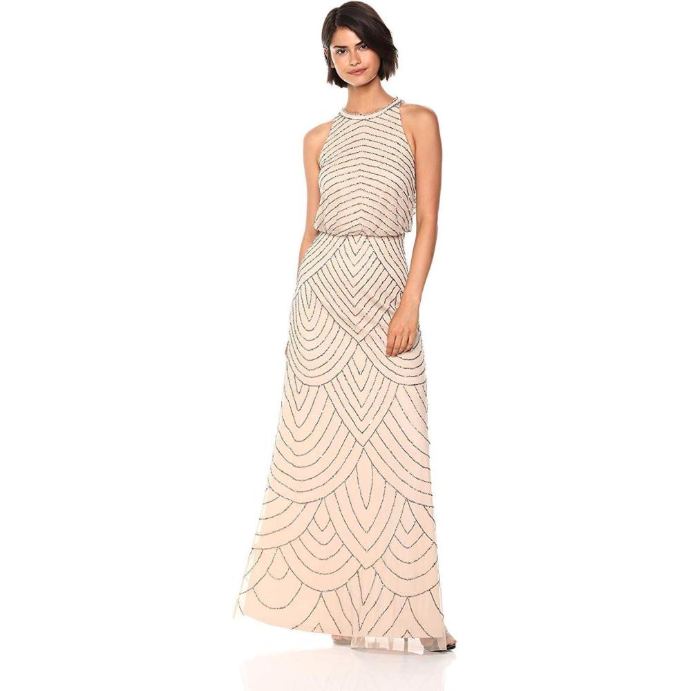 imageAdrianna Papell Womens Halter Blouson Beaded GownNude