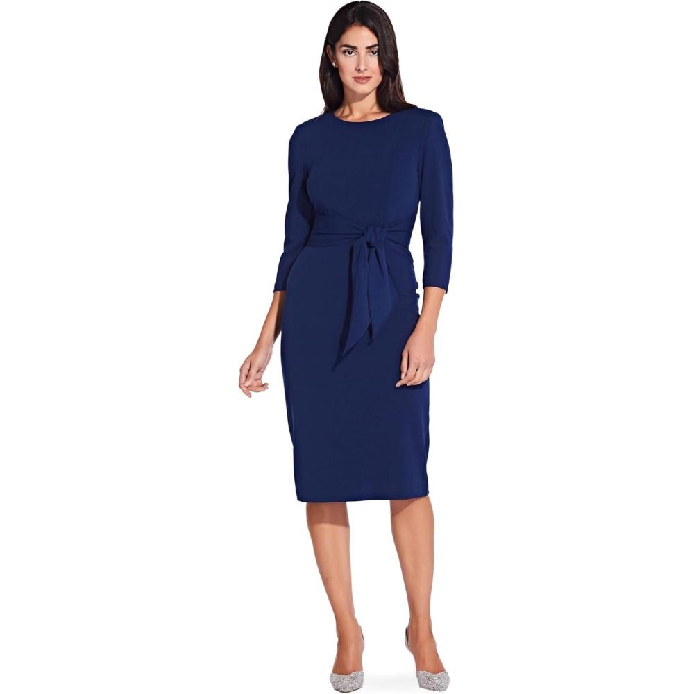 imageAdrianna Papell Womens Knit Crepe Tie Waist SheathDressNavy Sateen