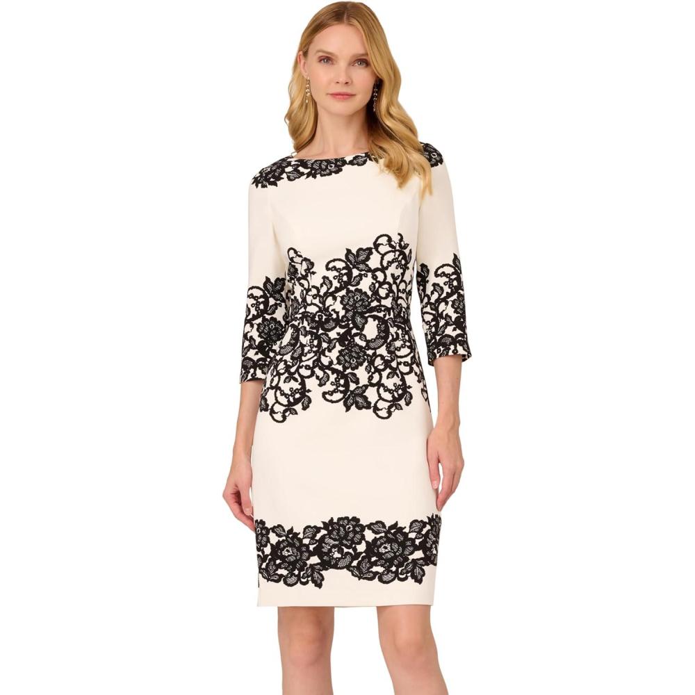 imageAdrianna Papell Womens Scroll Lace Short DressIvoryBlack