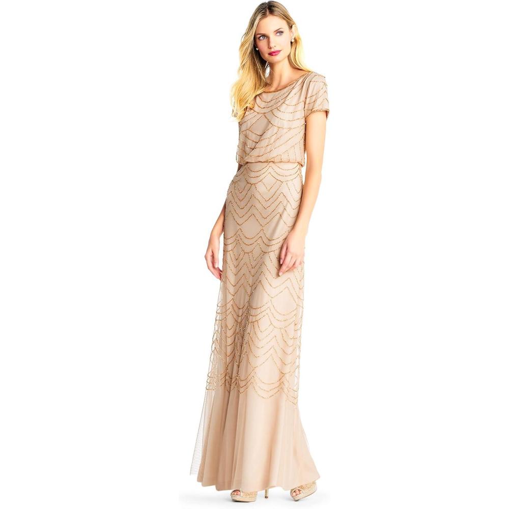 imageAdrianna Papell Womens Short Sleeve Blouson Beaded GownChampagneGold
