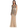 Adrianna Papell Women’s Long Beaded V-Neck Dress with Cap Sleeves and Waistband(Nude)