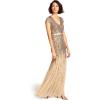 Adrianna Papell Women’s Long Beaded V-Neck Dress with Cap Sleeves and Waistband(Nude)