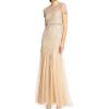 Adrianna Papell Women’s Short-Sleeve Grid Beaded Gown(Champagne)