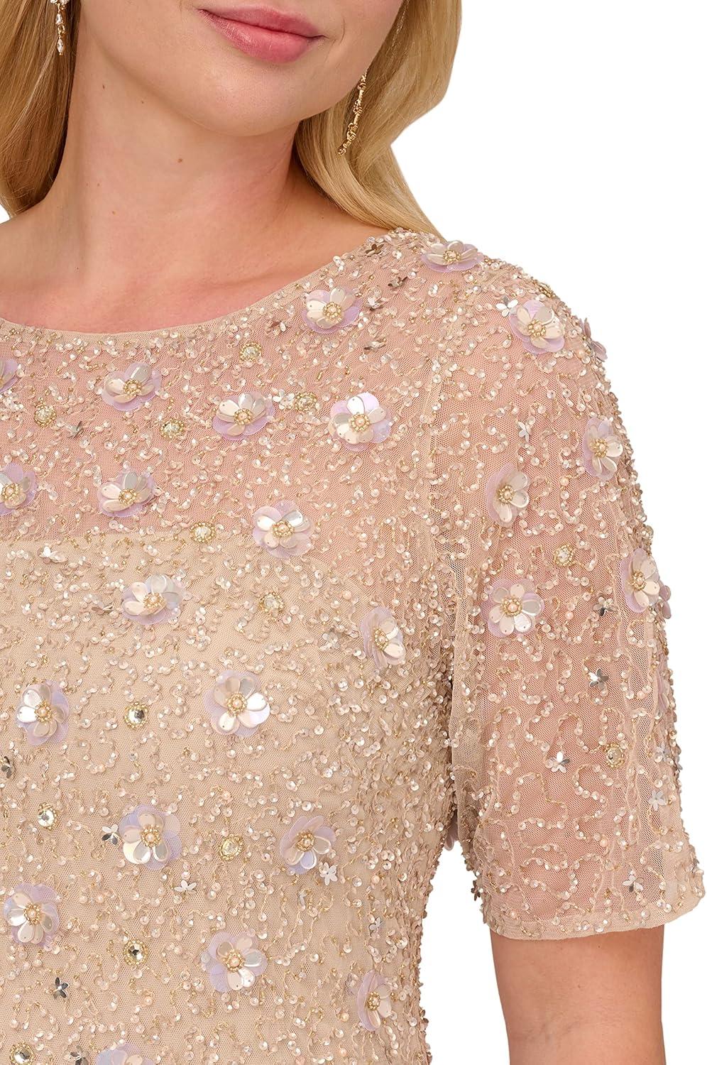 imageAdrianna Papell Womens Beaded Long 3D Floral DressBiscotti