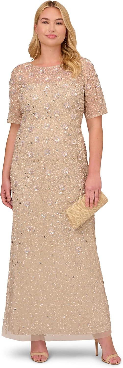 imageAdrianna Papell Womens Beaded Long 3D Floral DressBiscotti
