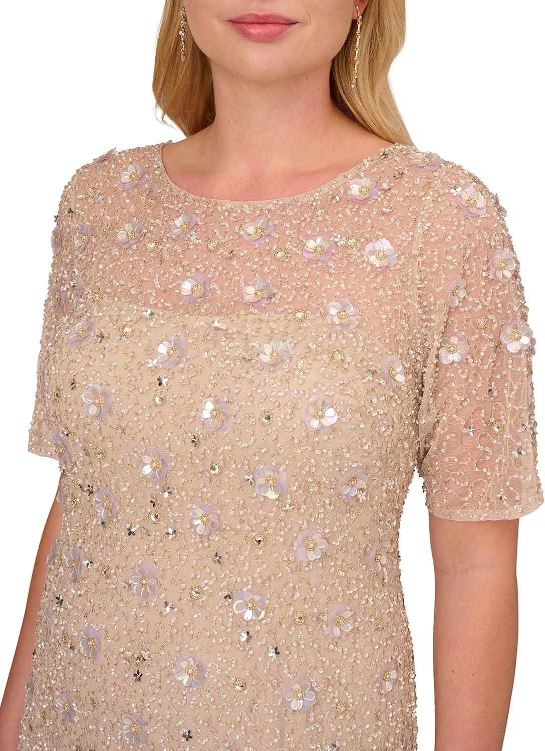 imageAdrianna Papell Womens Beaded Long 3D Floral DressBiscotti