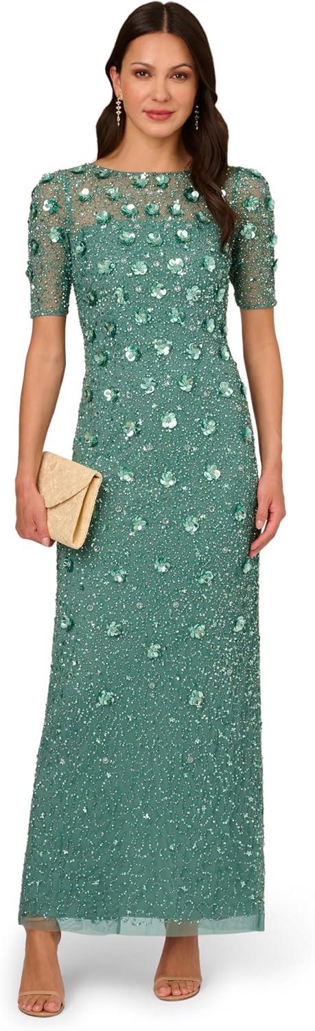 imageAdrianna Papell Womens Beaded Long 3D Floral DressGreen Slate