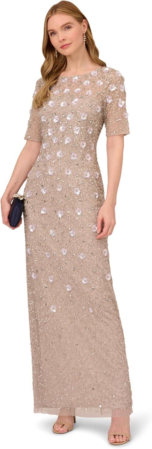imageAdrianna Papell Womens Beaded Long 3D Floral DressMarble