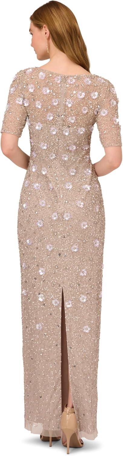 imageAdrianna Papell Womens Beaded Long 3D Floral DressMarble