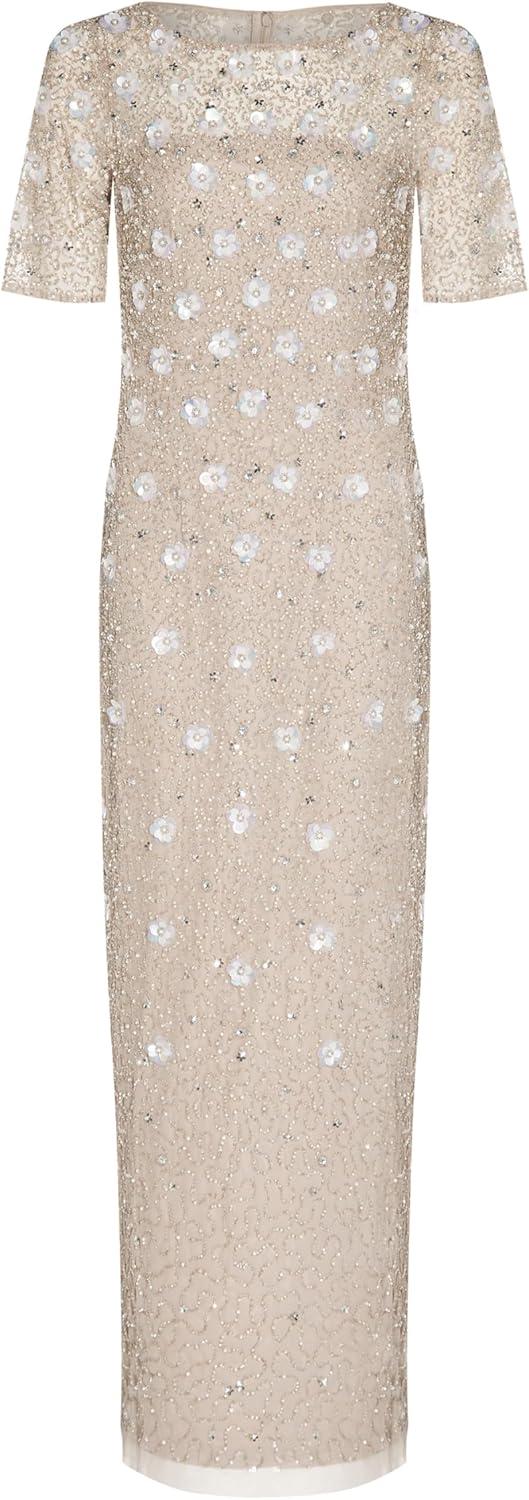 imageAdrianna Papell Womens Beaded Long 3D Floral DressMarble