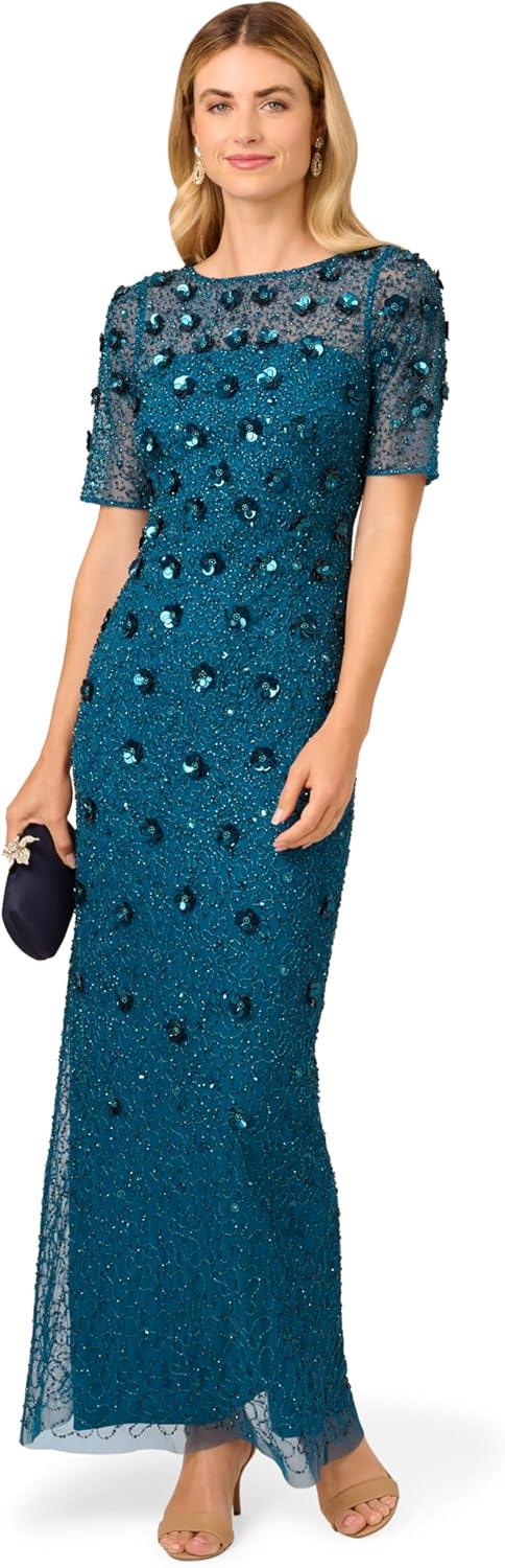 imageAdrianna Papell Womens Beaded Long 3D Floral DressTeal Sapphire