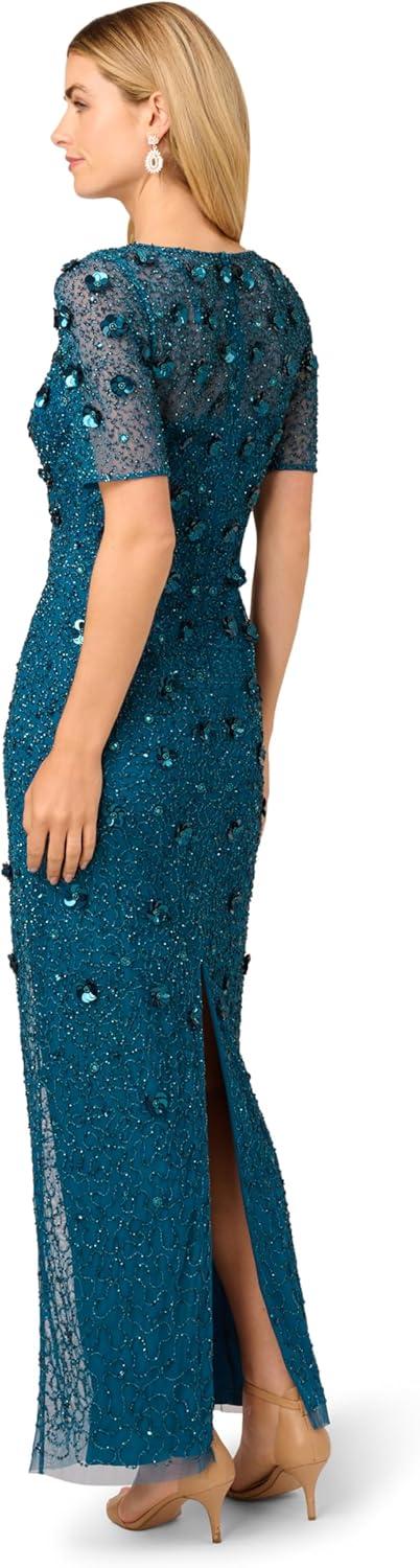 imageAdrianna Papell Womens Beaded Long 3D Floral DressTeal Sapphire