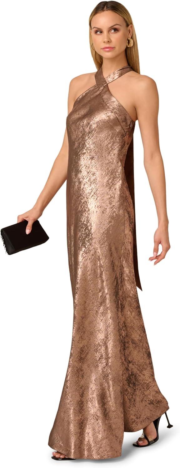 imageAdrianna Papell Womens Foiled Woven Halter GownMocha