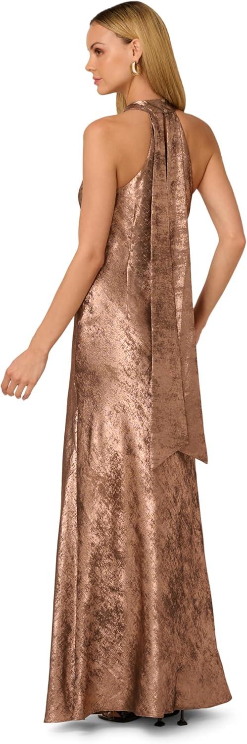 imageAdrianna Papell Womens Foiled Woven Halter GownMocha