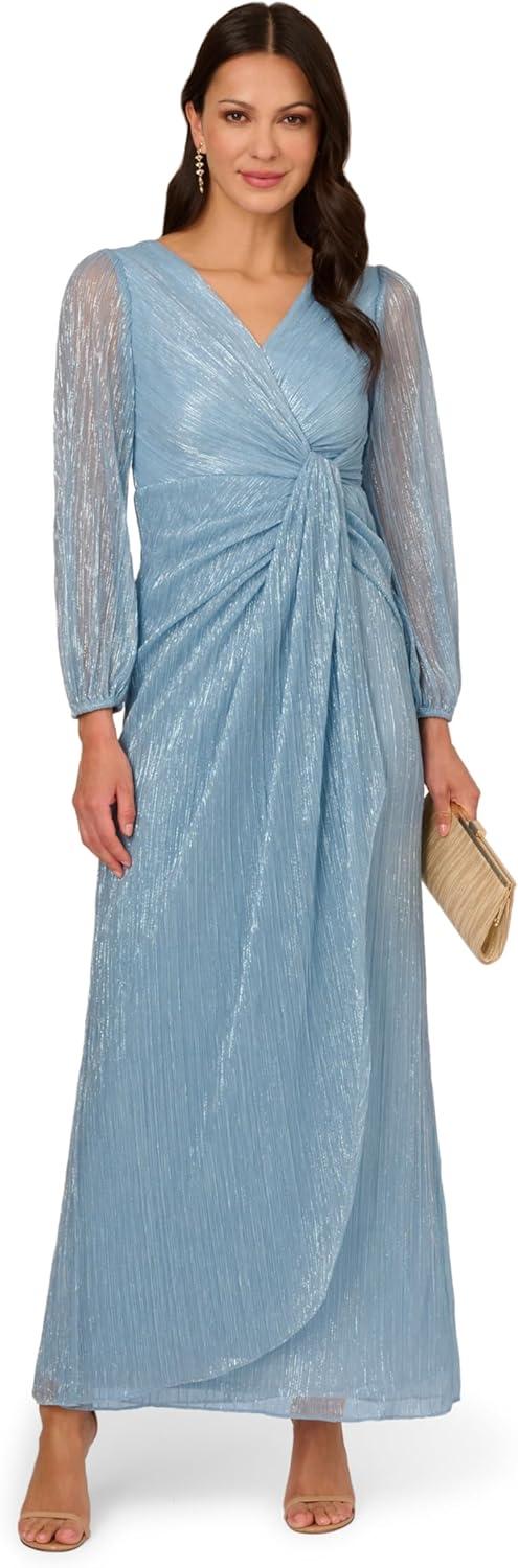 imageAdrianna Papell Womens Metallic Mesh Draped GownBelize Blue