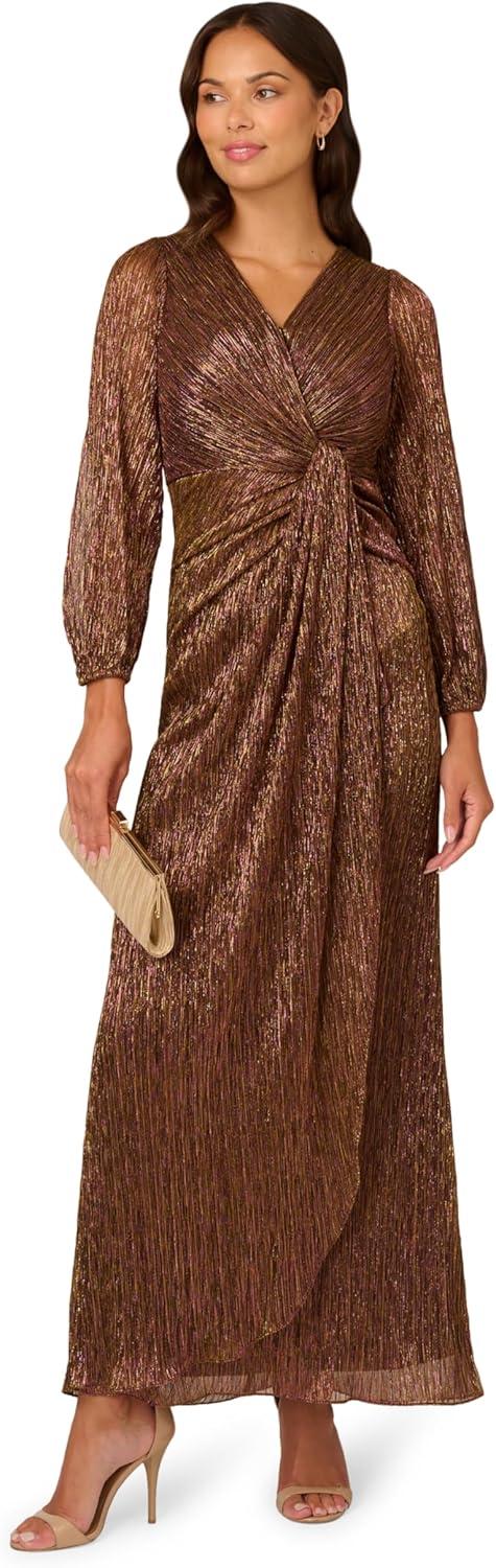 imageAdrianna Papell Womens Metallic Mesh Draped GownCopper