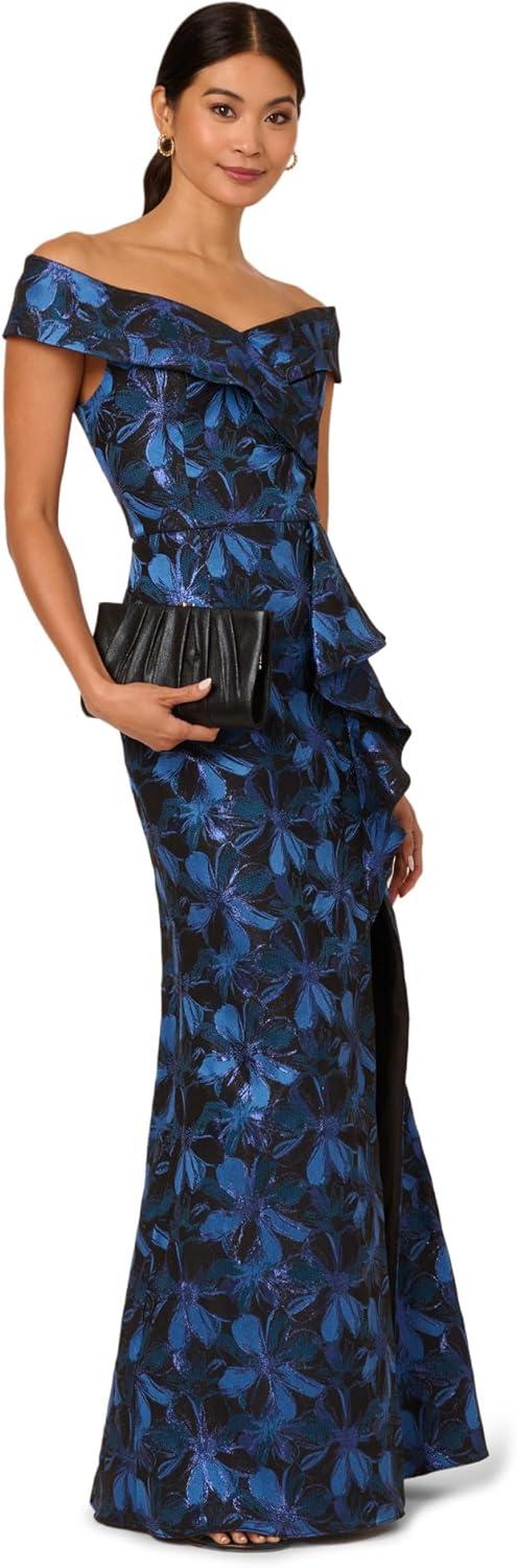 imageAdrianna Papell Womens Off Shoulder Jacquard GownBlue Multi